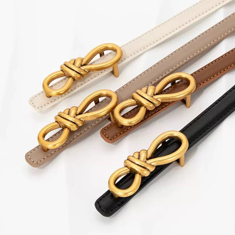 Genuine Leather Thin Belt with Bow