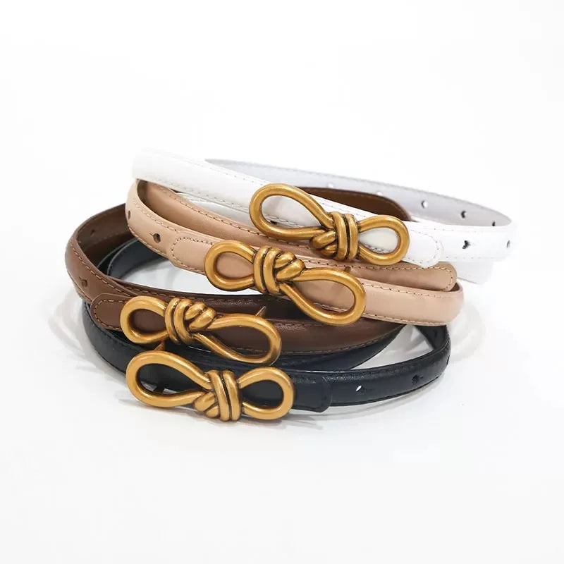 Genuine Leather Thin Belt with Bow