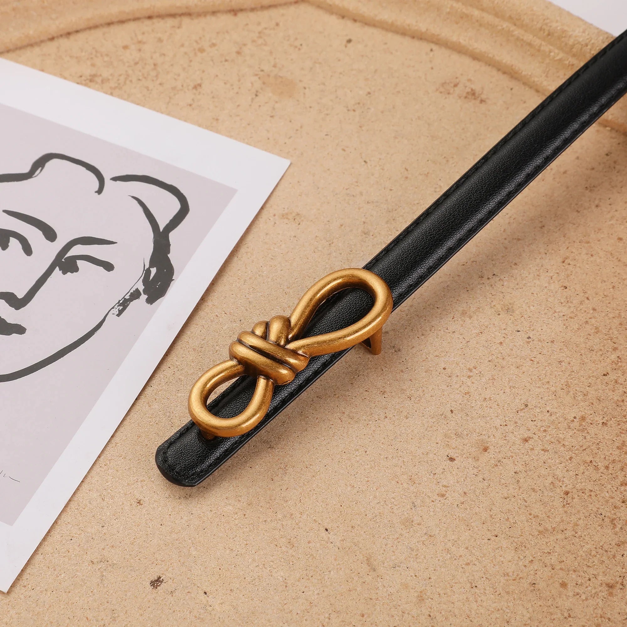 Genuine Leather Thin Belt with Bow