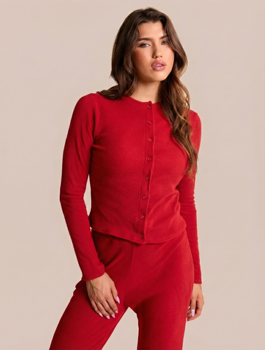 Rib Button Through Long Sleeve Top