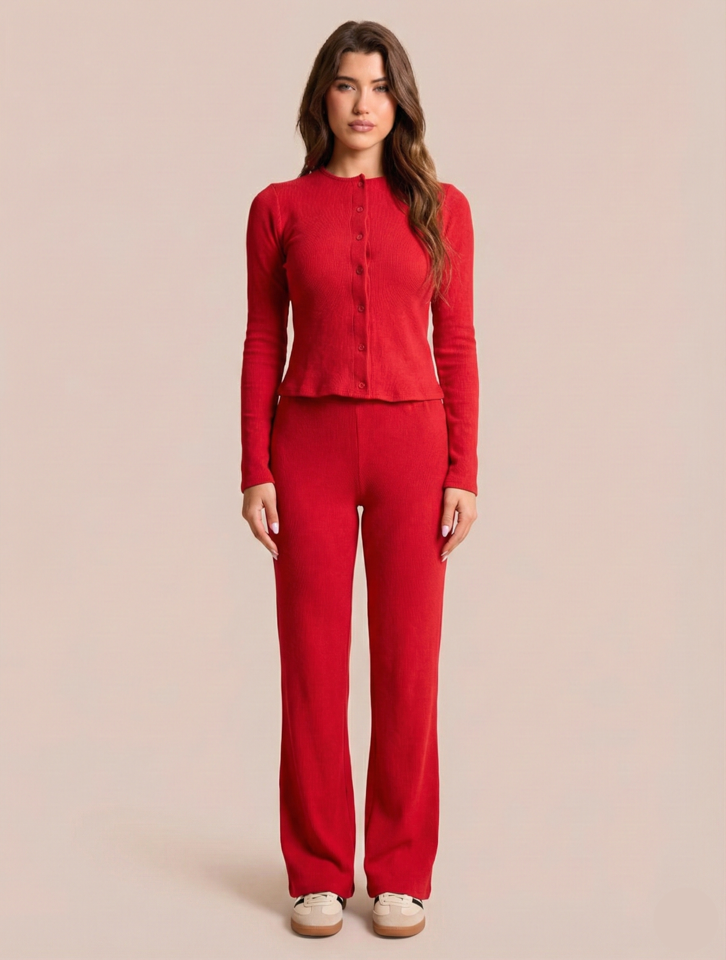 Rib Button Through Long Sleeve Top