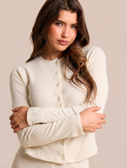 Rib Button Through Long Sleeve Top