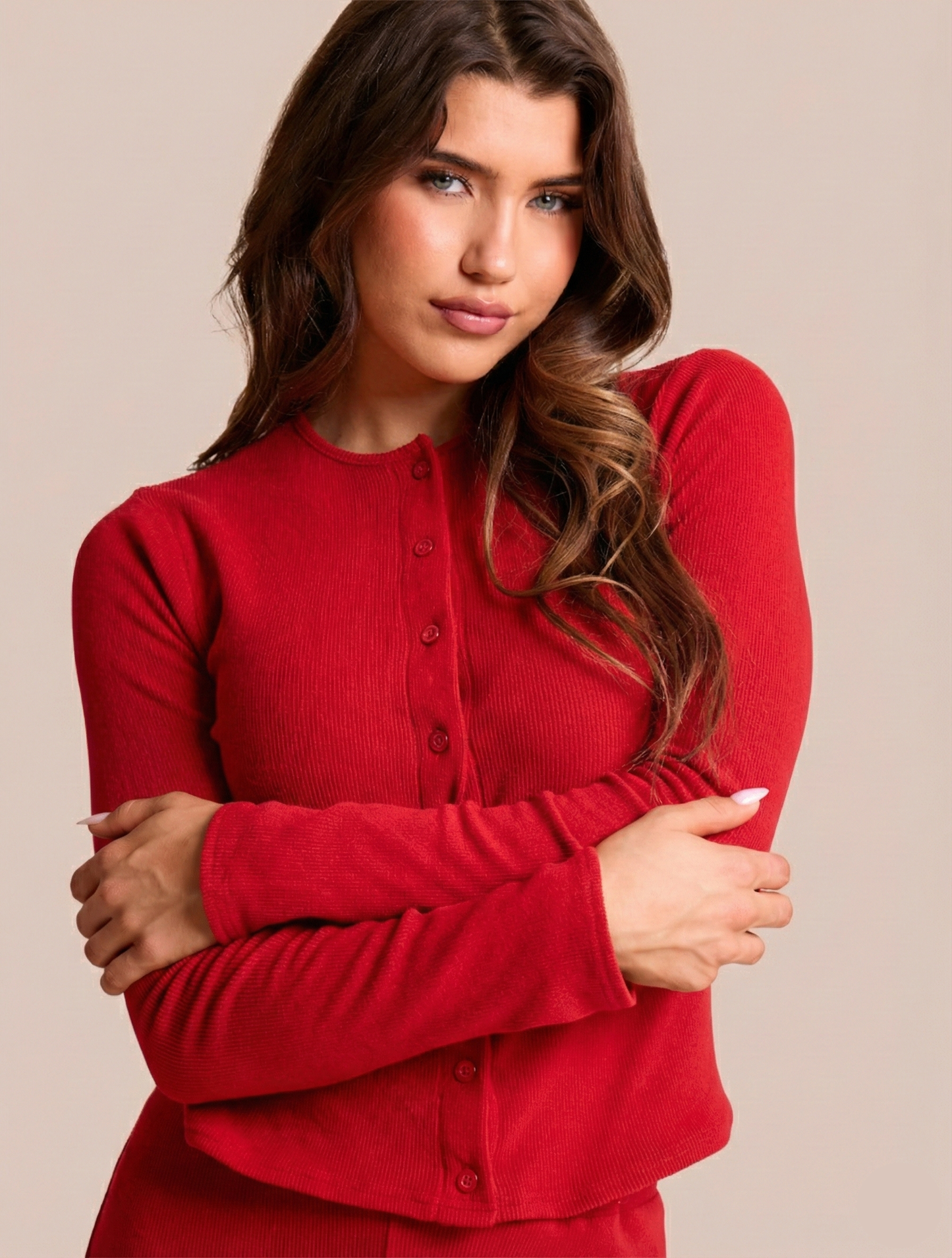 Rib Button Through Long Sleeve Top