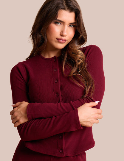 Rib Button Through Long Sleeve Top