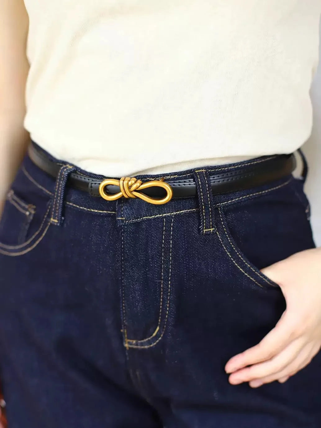 Genuine Leather Thin Belt with Bow