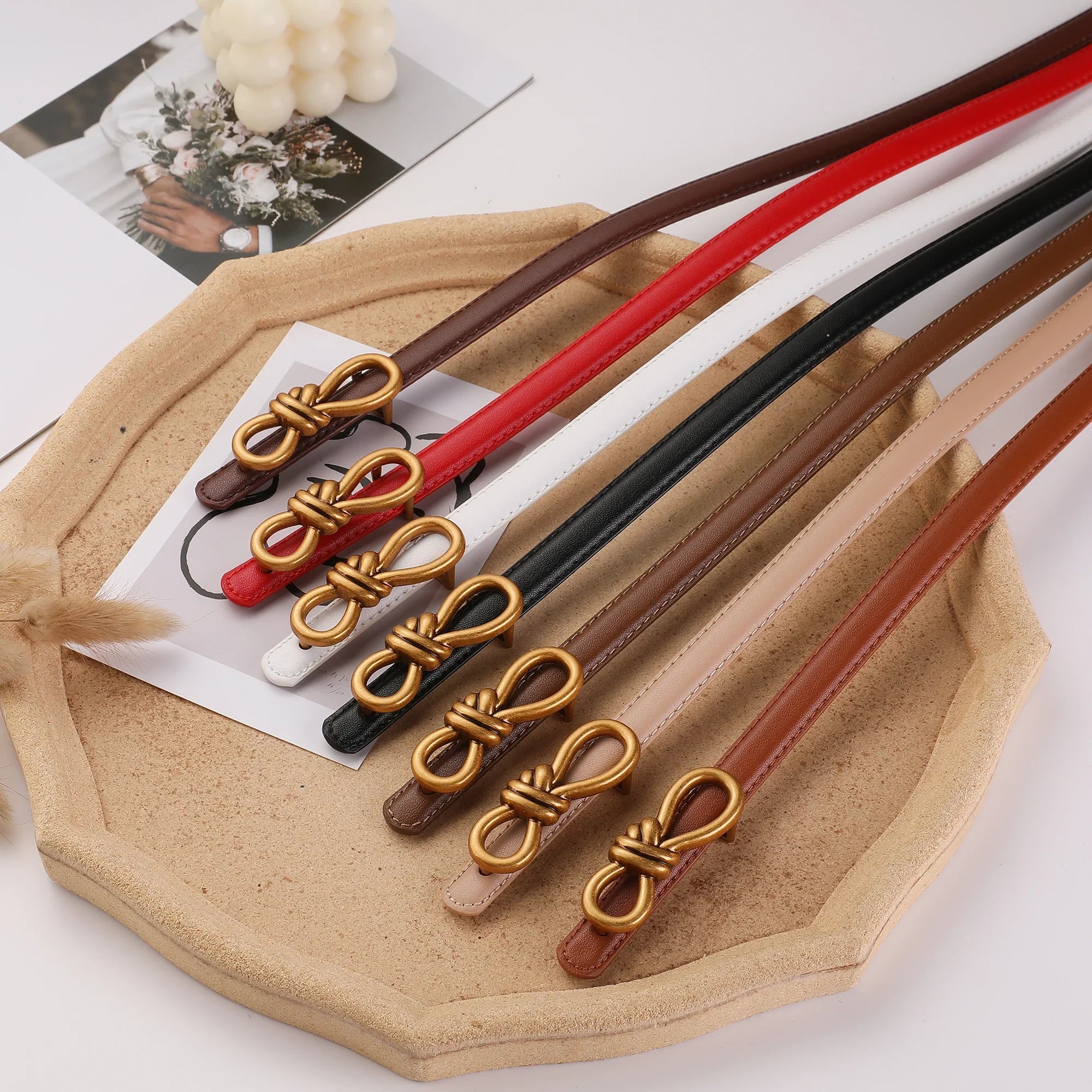 Genuine Leather Thin Belt with Bow