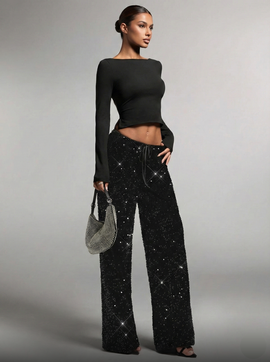 Women's Fashion Pants with Elastic Waistband, Bow Tie Design, Sequins Detailing, Stylish Long Trousers for Casual Wear