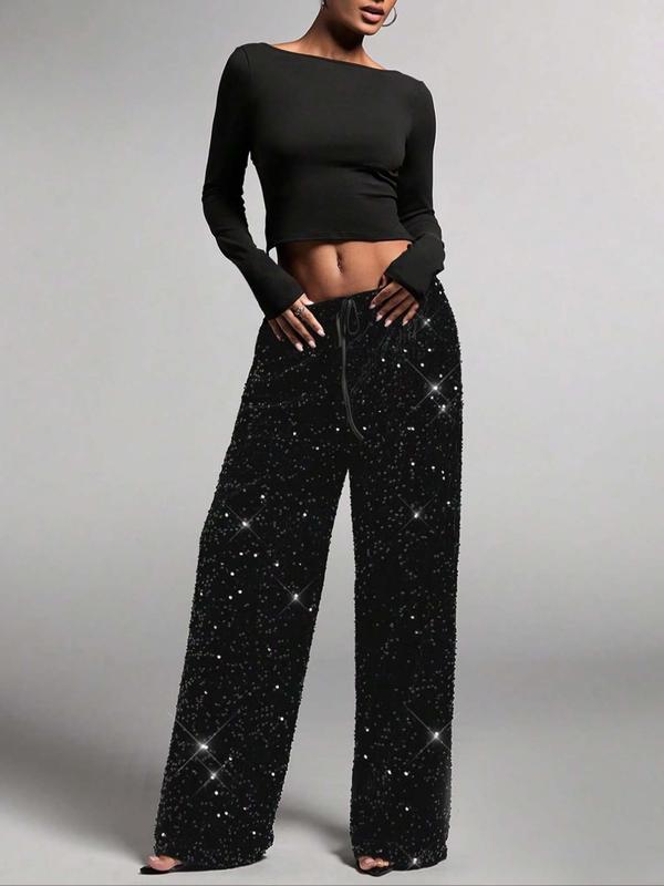 Women's Fashion Pants with Elastic Waistband, Bow Tie Design, Sequins Detailing, Stylish Long Trousers for Casual Wear