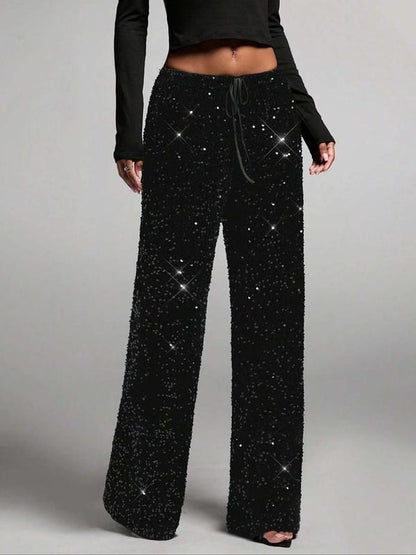 Women's Fashion Pants with Elastic Waistband, Bow Tie Design, Sequins Detailing, Stylish Long Trousers for Casual Wear