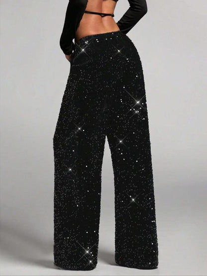 Women's Fashion Pants with Elastic Waistband, Bow Tie Design, Sequins Detailing, Stylish Long Trousers for Casual Wear