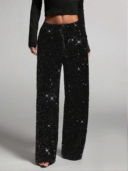 Women's Fashion Pants with Elastic Waistband, Bow Tie Design, Sequins Detailing, Stylish Long Trousers for Casual Wear
