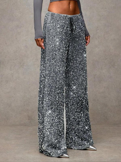 Women's Fashion Pants with Elastic Waistband, Bow Tie Design, Sequins Detailing, Stylish Long Trousers for Casual Wear