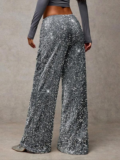 Women's Fashion Pants with Elastic Waistband, Bow Tie Design, Sequins Detailing, Stylish Long Trousers for Casual Wear