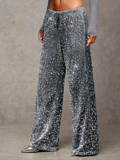 Women's Fashion Pants with Elastic Waistband, Bow Tie Design, Sequins Detailing, Stylish Long Trousers for Casual Wear