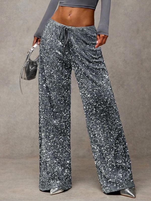 Women's Fashion Pants with Elastic Waistband, Bow Tie Design, Sequins Detailing, Stylish Long Trousers for Casual Wear