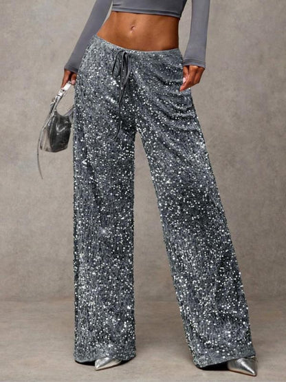 Women's Fashion Pants with Elastic Waistband, Bow Tie Design, Sequins Detailing, Stylish Long Trousers for Casual Wear