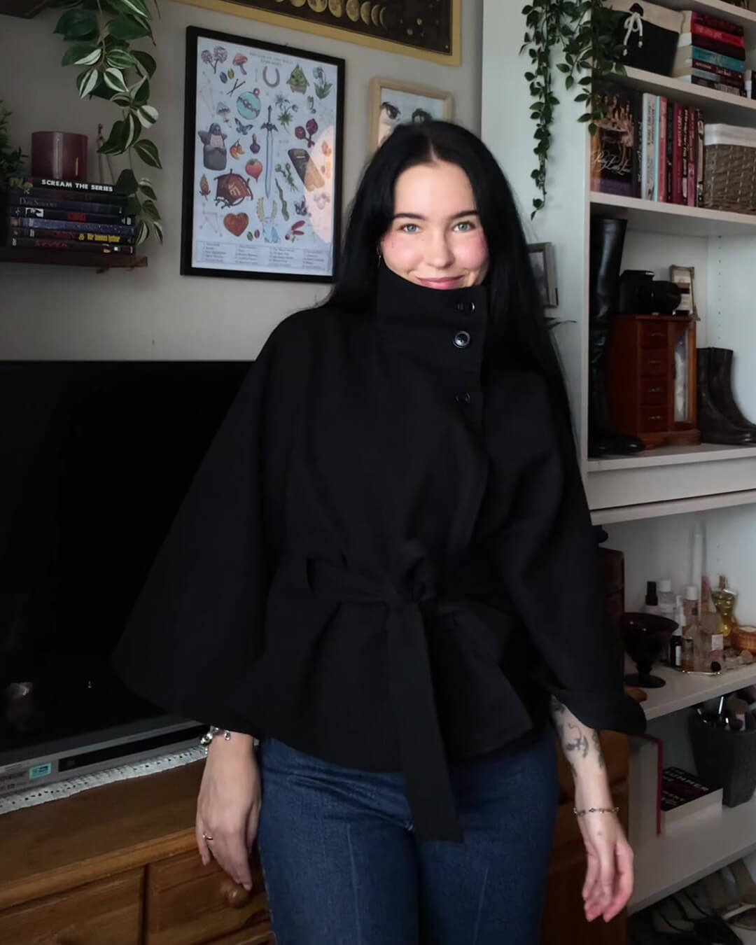 Marianne High-Neck Belted Cape Jacket