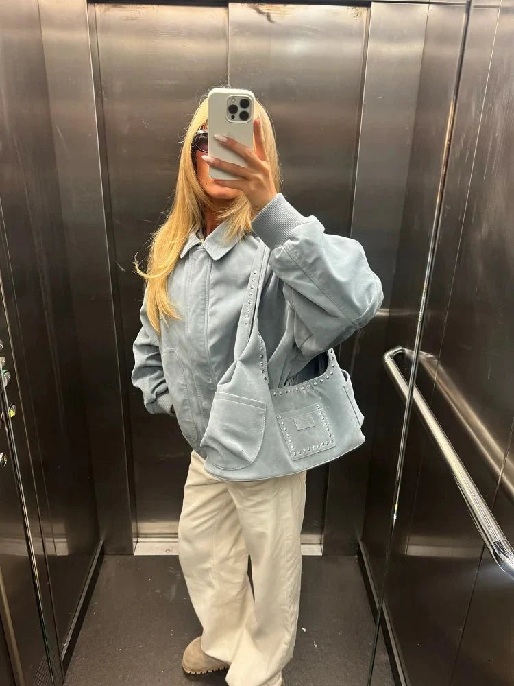 Serrah Babyblue Suede Bomber Jacket